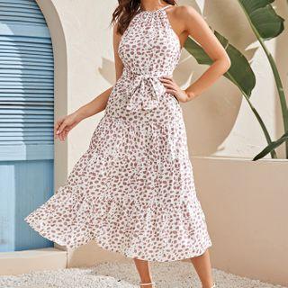 Leopard Print Halter-neck Midi A-line Dress