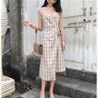 Long-sleeve Tulle Top / Plaid Spaghetti Strap Dress