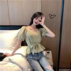 Square Neck Bow-accent Puff-sleeve Top
