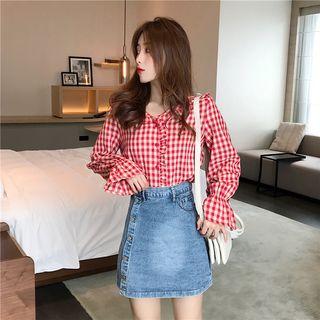 Plaid Ruffled-trim Long-sleeve Blouse Red - One Size
