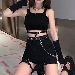 Crop Tank Top / High Waist Shorts / Grommet Belt / Set