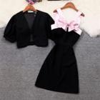 Set: Short-sleeve Bolero Jacket + Spaghetti Strap Bow Mini Dress
