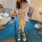 Lettering Short-sleeve T-shirt / Floral Midi Straight-fit Skirt