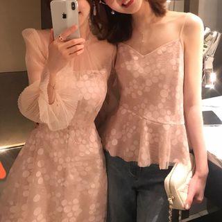Mesh Panel Long-sleeve A-line Dress / V-neck Camisole Top
