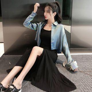 Long-sleeve Crop Shirt / Spaghetti Strap Midi Slit Dress