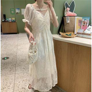 Puff-sleeve Midi A-line Eyelet Lace Dress Almond - One Size