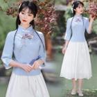 Mandarin Collar Embroidered Top / Midi A-line Skirt