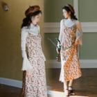 Set: Long-sleeve Knit Top + Spaghetti Strap Floral Print Midi Dress