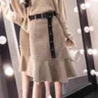 Houndstooth Ruffle Hem Pencil Skirt With Belt