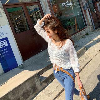 Square-neck Drawcord Ruched Blouse