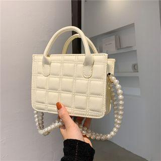 Faux Pearl Quilted Top Handle Crossbody Bag