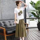 Set: Printed Short-sleeve T-shirt + Midi A-line Skirt