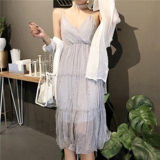 V-neck Star Printed Midi Spaghetti Strap Dress