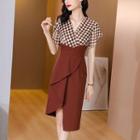 Short-sleeve Checkerboard Irregular Sheath Dress