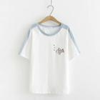 Elbow-sleeve Color Block Embroidered Fish T-shirt