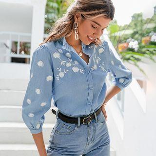 Elbow Sleeve Stand Collar Printed Denim Blouse