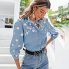 Elbow Sleeve Stand Collar Printed Denim Blouse