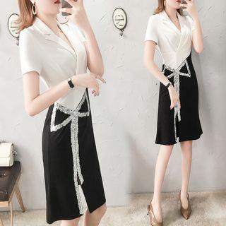 Short-sleeve Notch-lapel Sequined A-line Dress