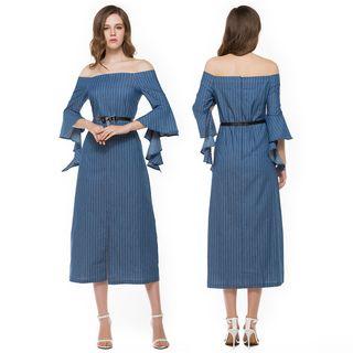 Off Shoulder Striped Denim Midi Dress