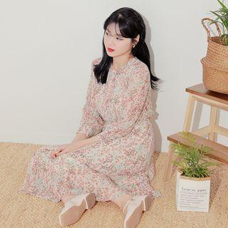 3/4-sleeve Floral Chiffon Long Dress