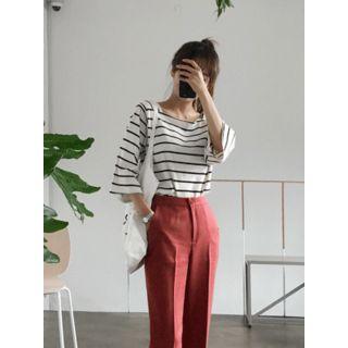 Square-neck 3/4-sleeve Stripe T-shirt
