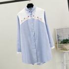Deer Embroidered Paneled Striped Shirt Blue - One Size