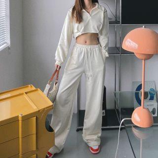 Set: Cropped Henley Sweatshirt + Wide Leg Pants