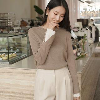Faux-pearl Contrast-cuff Knit Top