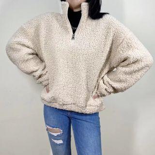 Long Sleeve Mock Neck Zip-detail Furry Sweater