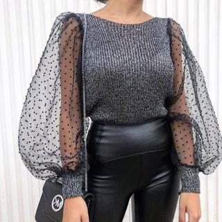 Mesh Panel Balloon-sleeve Rib Knit Top