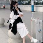 Slit-side Long Sleeve A-line Shirtdress + Asymmetric Hem Knit Vest