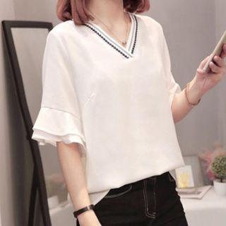 Layered Elbow-sleeve V-neck Chiffon Blouse