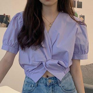 Twisted Puff-sleeve Cropped Blouse