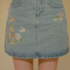 Flower-embroidered Denim A-line Mini Skirt