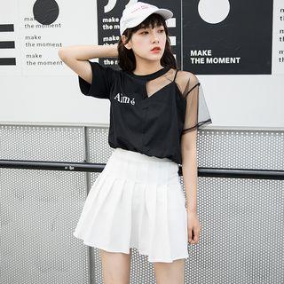 Short-sleeve Mesh Paneled Letter T-shirt