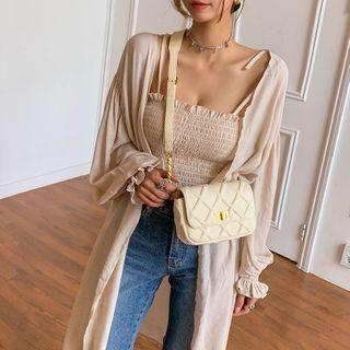 Balloon-sleeve Smocked-cuff Long Cardigan