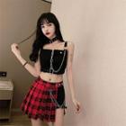 Chained Buckled Cropped Camisole Top / Plaid Mini A-line Skort / Set