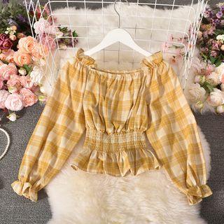 Plaid Ruffled Balloon-sleeve Blouse
