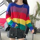 Color-block Striped Loose-fit Sweater / Faux-leather Skirt