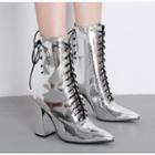 Pointy Toe Chunky Heel Mirrored Lace-up Short Boots