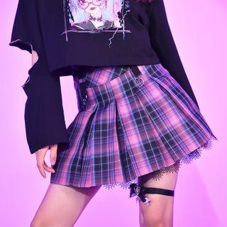 Lace Hem Plaid Pleated Mini Skirt