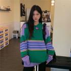 Polo-neck Color Block Sweater Sweater - Red & Yellow & Green & Purple - One Size