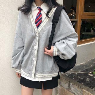 V-neck Contrast Trim Button-up Jacket / Plain Shirt With Stripe Tie