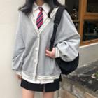 V-neck Contrast Trim Button-up Jacket / Plain Shirt With Stripe Tie