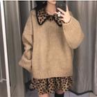 Long-sleeve Leopard Print Mini Shirt Dress / V-neck Sweater
