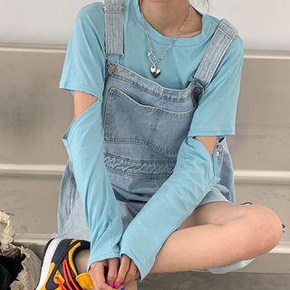 Cut Out Long-sleeve T-shirt / Denim Jumper Shorts