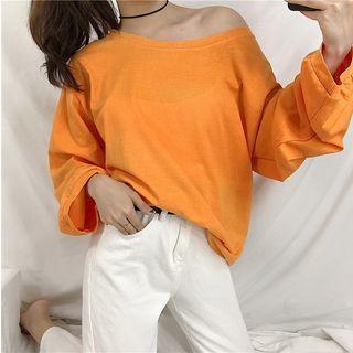 One Shoulder Plain Long Sleeve T-shirt
