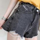 Letter Embroidered Distressed Denim Hot Pants