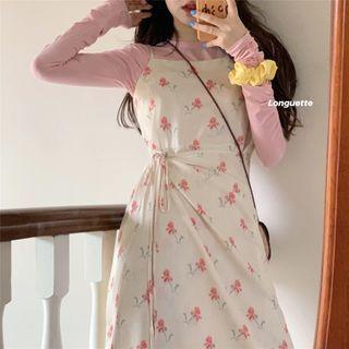Long-sleeve Plain T-shirt / Flower Print Midi Overall Dress