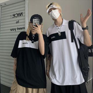 Couple Matching Short-sleeve Two-tone Lettering Polo Shirt